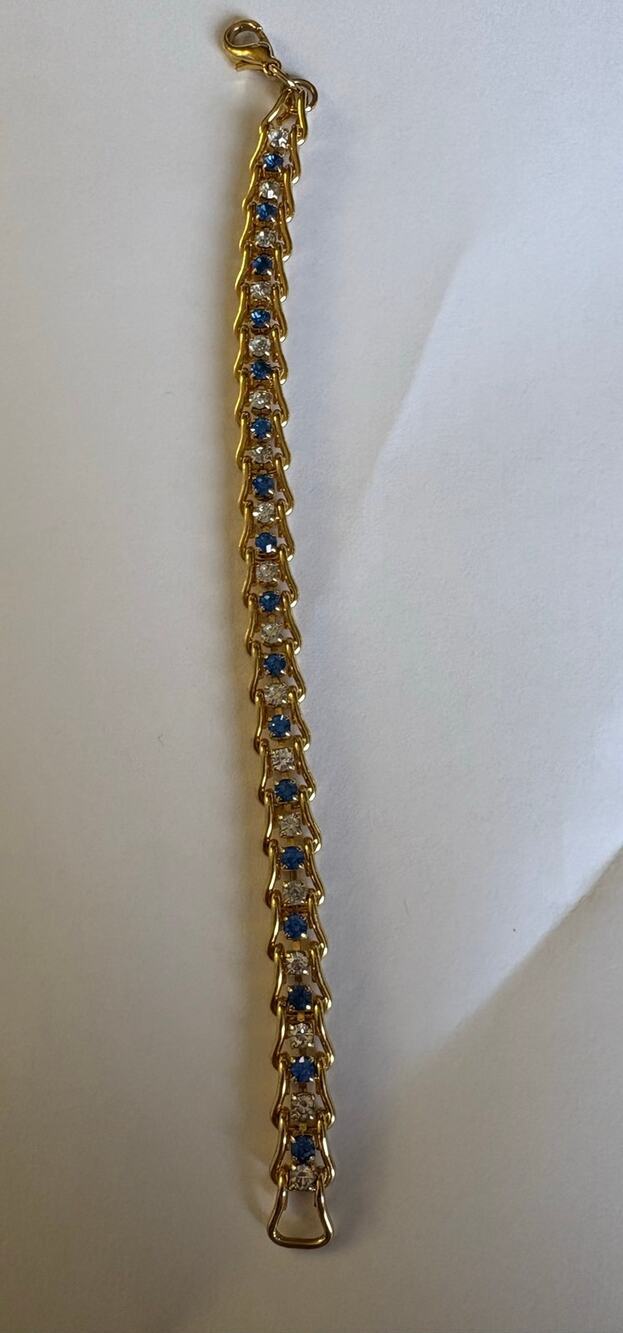Vintage Style Gold Tone Blue & Clear Rhinestone Link Bracelet 7” Unmarked